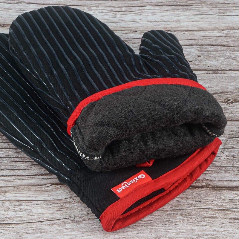 Coziselect Oven Mitts and Pot Holders Set, Cooking Mitts, Heat Resistant Cooking Mitts and Pot Holders, Silicon Oven Gloves Set for Kitchen, Pure Cotton and Terrycloth Lining, Black, 4 Pcs Set - Image 4